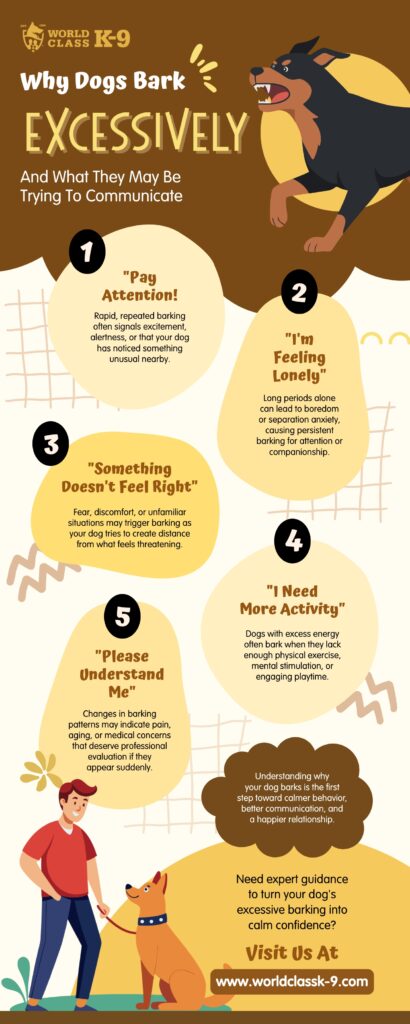 Infographic titled "Why Dogs Bark Excessively and What They May Be Trying to Communicate" by World Class K-9, featuring an illustrated barking dog and five common reasons for excessive barking, including alerting, loneliness, fear, lack of activity, and health concerns, with safe communication tips and a call to visit the website.