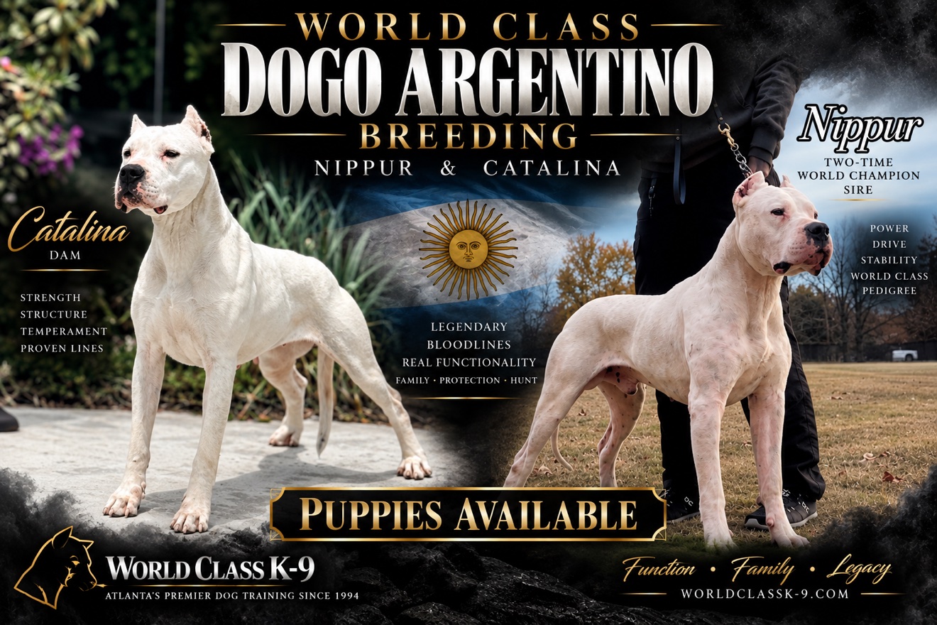 World Class K-9 Dogo Argentino breeding — Nippur, two-time world champion sire, and Catalina, dam — Dogo Argentino puppies available