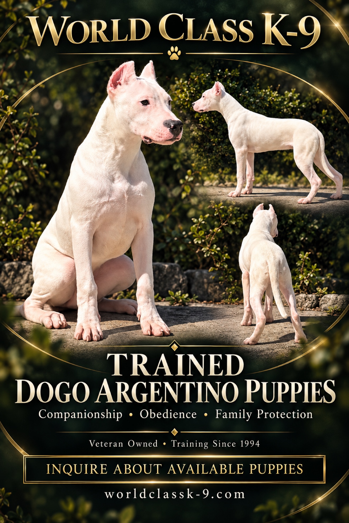Trained Dogo Argentino male, son of world champion Nippur, available at World Class K-9